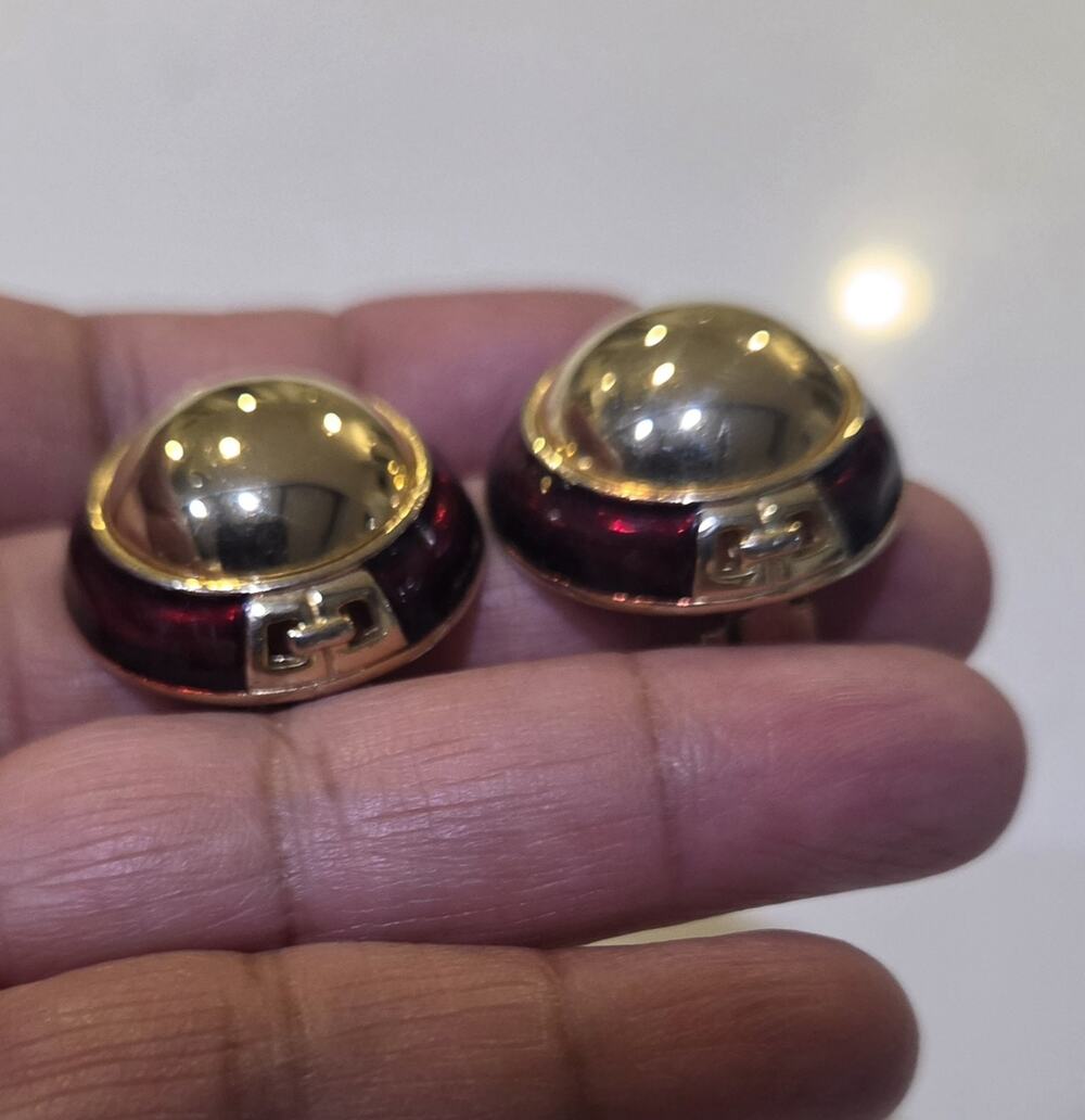 Givenchy vintage Tone Round Dome Clip-On Stud Earrings Black & Red Enamel Metal
